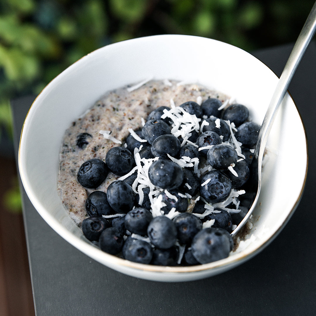 A bowl of oatmeal substitute with blueberry toppings and coconut flakes. 